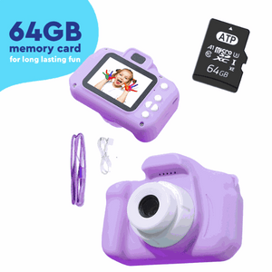 LittleLens Kids Camera in purple with 64GB memory card, USB cable, lanyard, and screen showing childās photo.