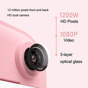 pink kid instant print camera lens with 12MP dual camera and 1080P video capability