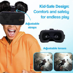 Child wearing interactive VR headset with adjustable straps and lenses for safe, comfortable play