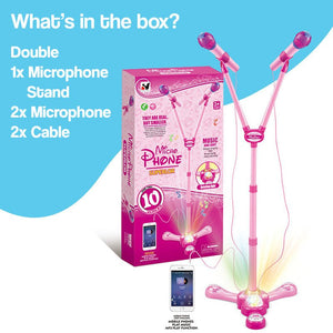 Complete Karaoke Mic Set with LED stand, two pink microphones, cables, and packaging box.
