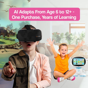Child playing with AI robot and VR headset for interactive STEM learning and virtual exploration