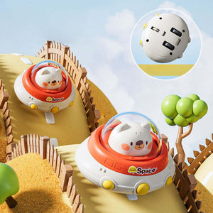 Inertia Flying Saucer toy car for kids in colorful animal designs on white background