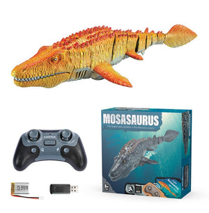 Remote control Mosasaurus toy boat with lights and water spray for kids aged 4-6 playing in a pool