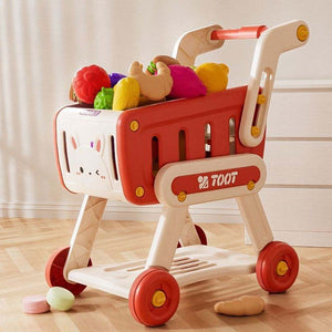Colorful children's pretend shopping cart toy with fruits and vegetables for imaginative play