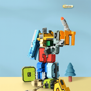 Digital deformation transforming robot building blocks toy in robot form with vibrant colors and car mode features