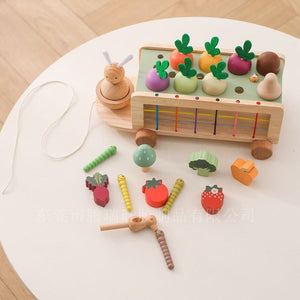 Colorful wooden educational farm toy with pull carrots and shape matching for toddlers