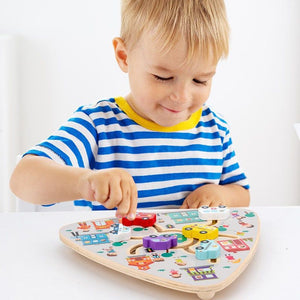 Colorful wooden fruit number shape matching game with maze for kids' learning and motor skills development
