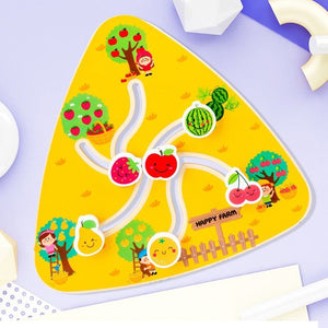 Colorful wooden fruit number shape matching game with maze for early learning and motor skills development
