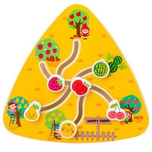 Colorful wooden fruit-shaped number and shape matching game board with maze for children’s educational play