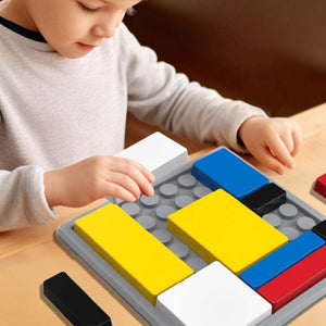 Children playing with colorful wooden educational logic puzzle blocks enhancing cognitive skills