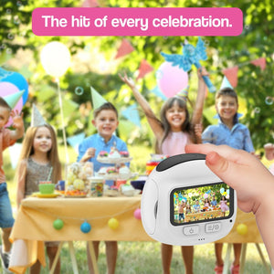 Compact PocketLens Explorer kids camera in blue, designed for ages 6+, capturing 48MP photos and 1080P HD videos with creative filters.