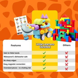 Soft magnetic STEM building blocks for toddlers, waterproof, dishwasher safe, oversized pieces, safe edges, colorful educational toy set.
