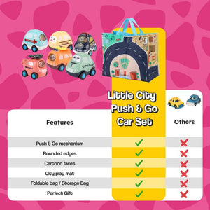 Little City Push & Go Car Set with six cartoon vehicles and foldable city play mat in carry bag