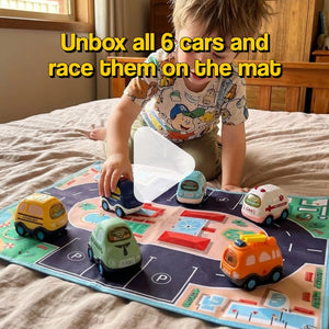 Little City Push & Go Car Set with six cartoon vehicles and foldable city play mat carry bag