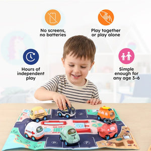 Little City Push & Go Car Set with six colorful cartoon vehicles and foldable city play mat storage bag