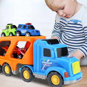Colorful cartoon sliding car toy set with lights and sound for kids' imaginative play and motor skill development
