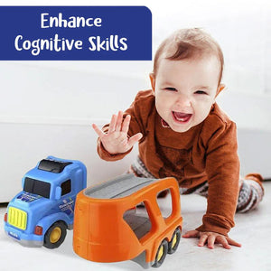Colorful cartoon sliding car toy set with light and sound effects for kids, featuring 1 big truck and 4 small cars made of durable plastic.