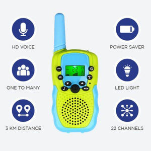 Kids Walkie Talkie 3-piece set with HD voice, 3km range, 22 channels, power saver, and LED light for kids' outdoor adventures.