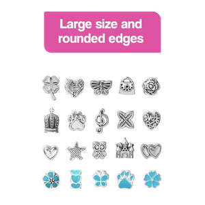 Large silver and blue charms with rounded edges for kids bracelet-making kit