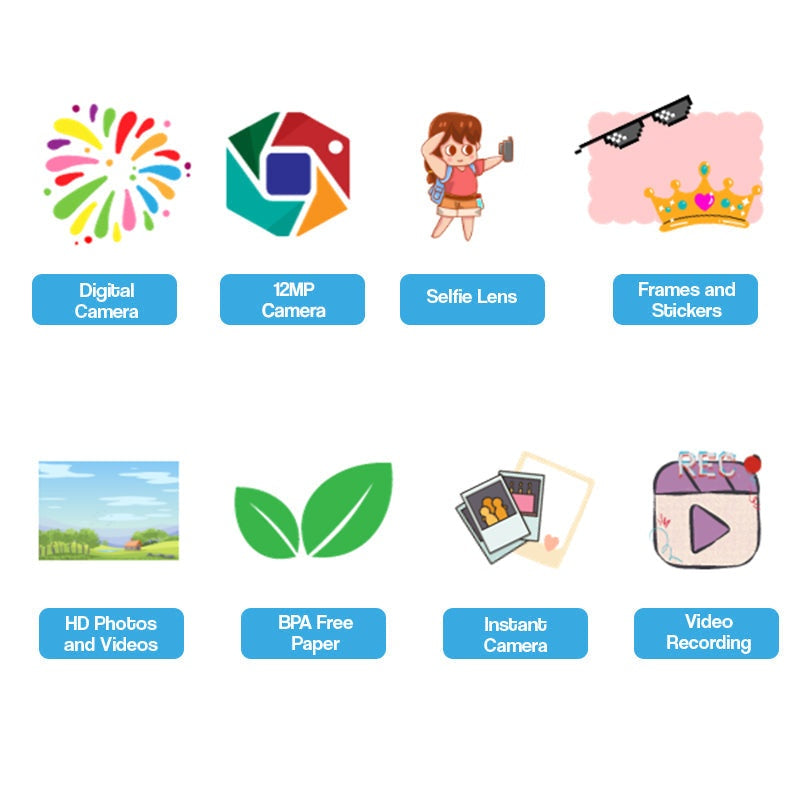 Kid instant print camera with 12MP digital and selfie lens, instant photo printing, frames, stickers, BPA-free thermal paper, HD photo and video recording features