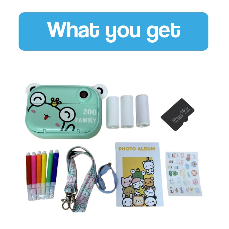 Kids instant print camera with colored markers, thermal paper rolls, 16GB memory card, lanyard, photo album, and stickers for creative photography.