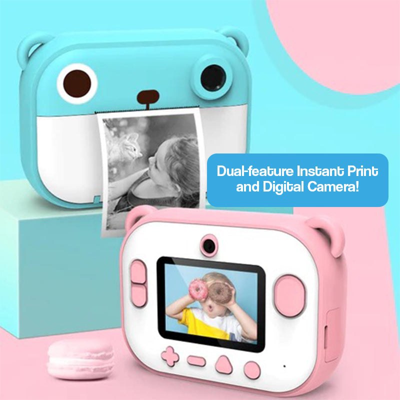 Kids instant print camera in cute bear design with dual instant print and digital photo features, suitable for children aged 4 and up.