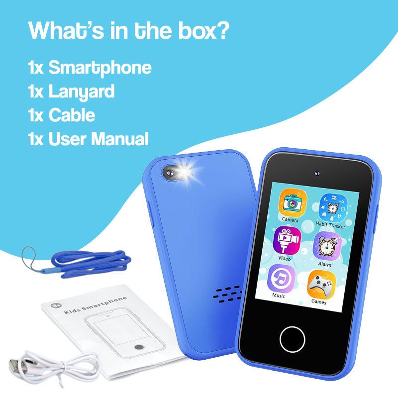 Little Genius Dual Camera kids smartphone with educational games, dual cameras, and kid-friendly design in blue.