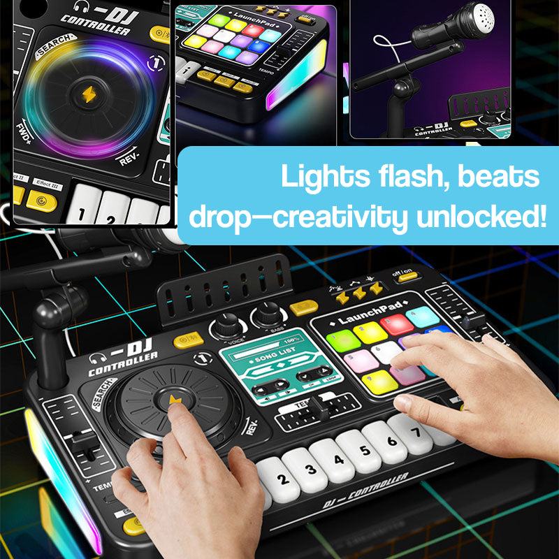 Child playing with MixMaster Junior DJ Console featuring colorful lights and interactive buttons for creative musical play