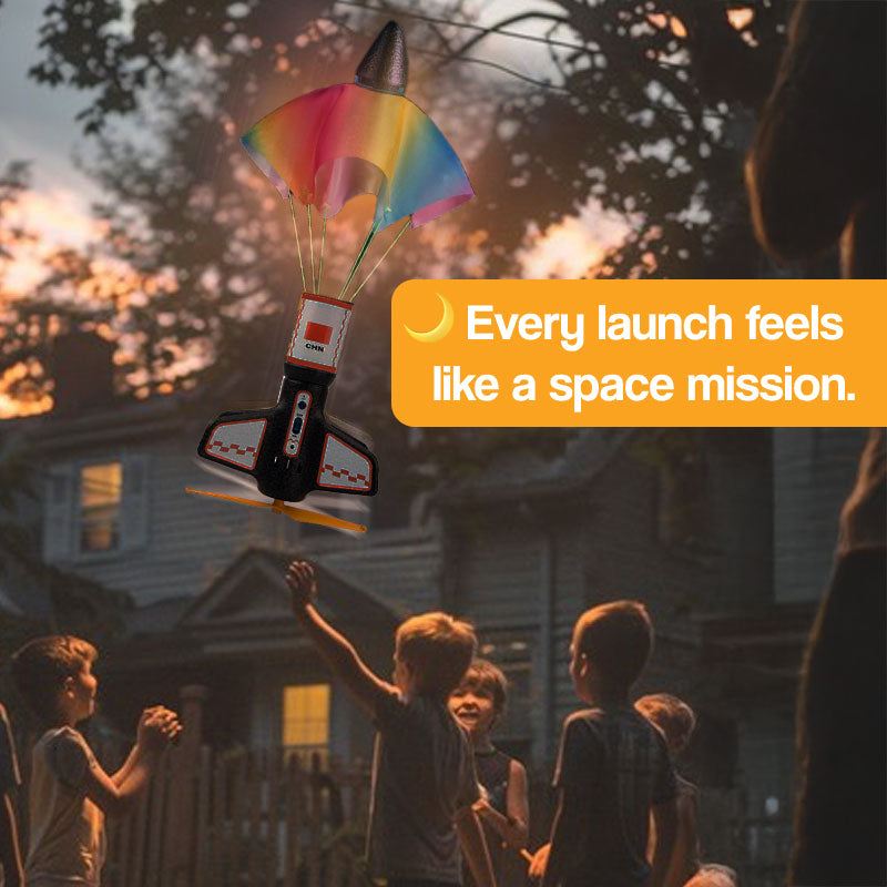 Sky & Beyond Rocket Launcher toy with parachute soaring outdoors for STEM learning and kids ages 9+
