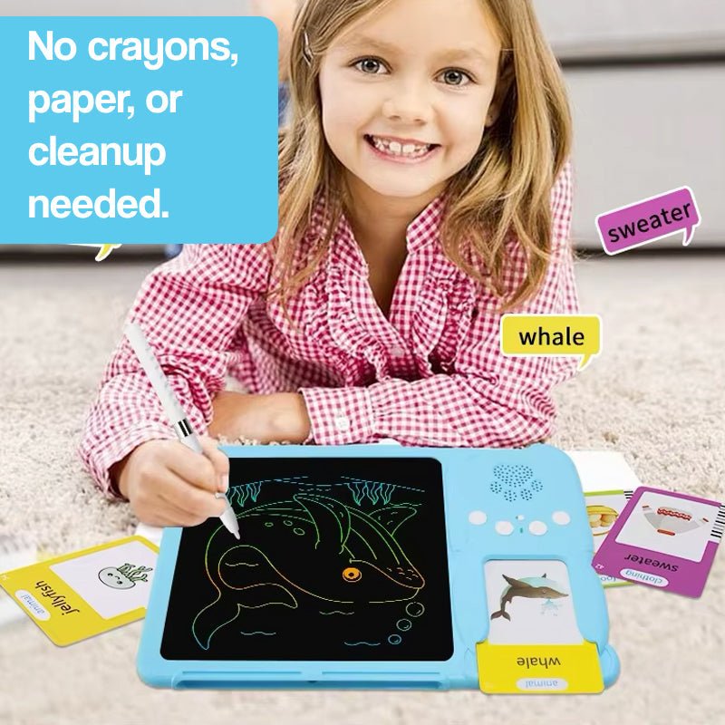 Child using SmartTrace multi-sensory learning tablet with flashcards and stylus on mess-free LCD screen