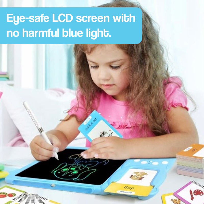Child using SmartTrace multi-sensory learning tablet with LCD drawing board and flashcards for vocabulary practice