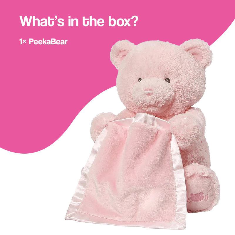 Peek-a-Bear Interactive ultra-soft plush bear with satin blanket playing peekaboo for babies and toddlers