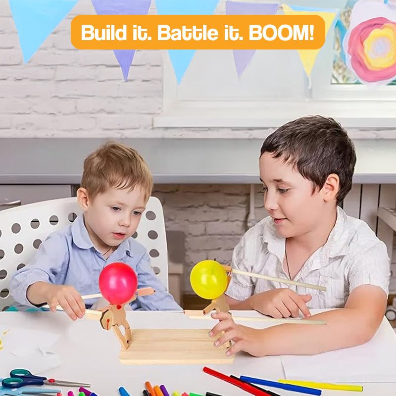 PopWars Balloon Fencing wooden toy set with two knights, balloons, and fencing sticks for kids aged 3+