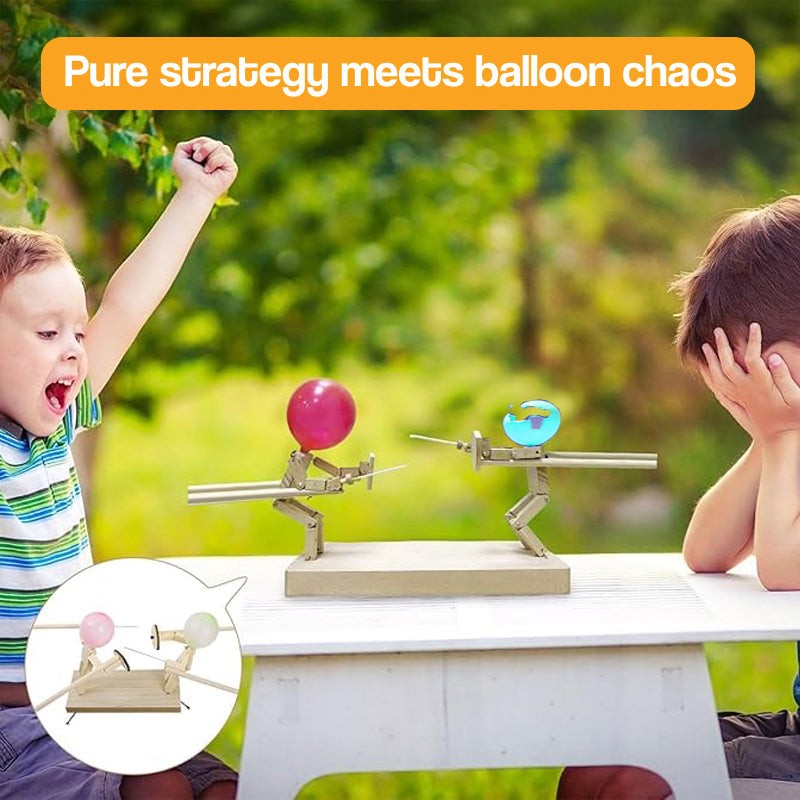 PopWars Balloon Fencing wooden set with knights, balloons, and fencing sticks for kids' balloon popping duel game