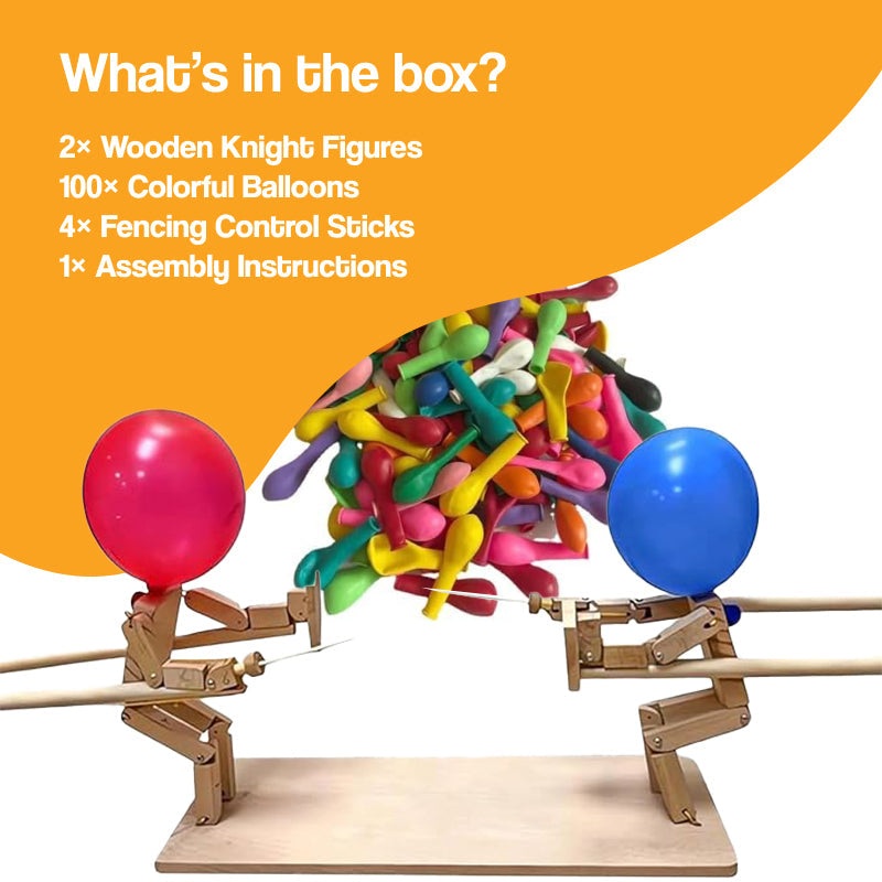 PopWars Balloon Fencing wooden set with knights, control sticks, and colorful balloons for kids aged 3+