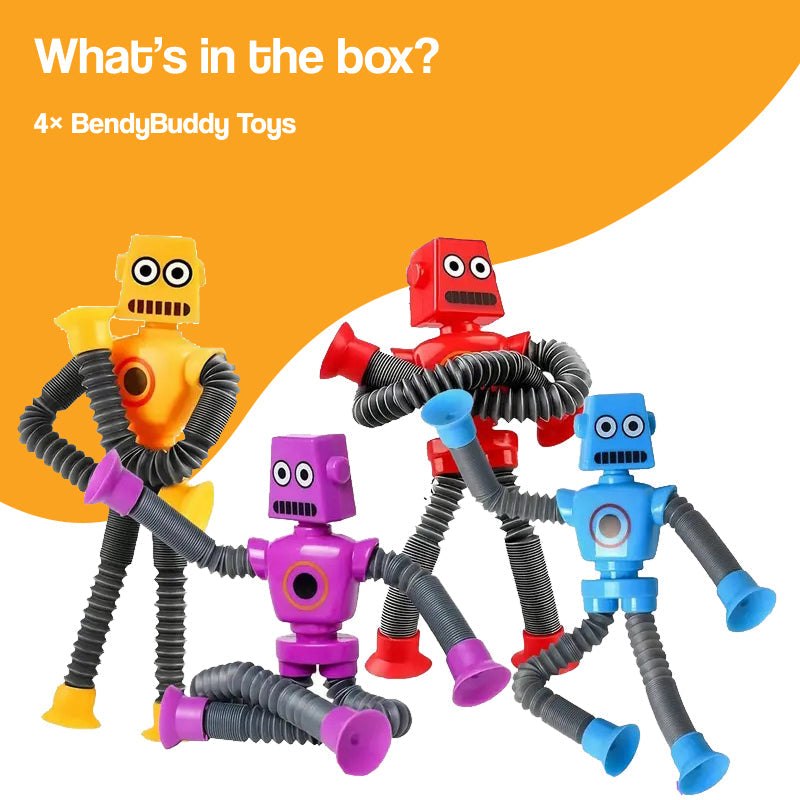 Colorful BendyBuddy Stick-Anywhere Fidget Toys with flexible tubular limbs and suction cups for bending and sticking on smooth surfaces