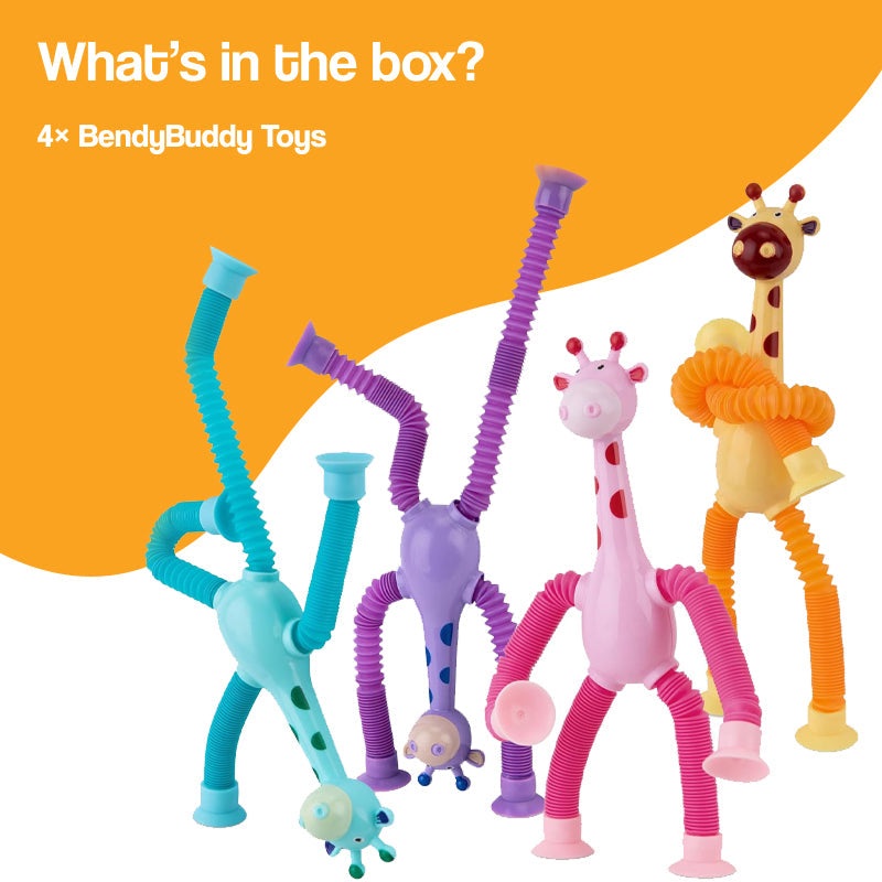 Colorful BendyBuddy Stick-Anywhere Fidget Toys with flexible tubular limbs and suction cups for creative play