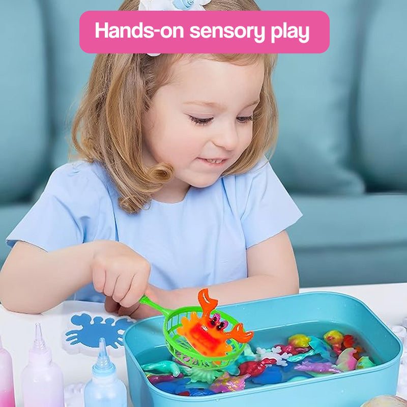 Children playing with colorful Magic Gel and creating glowing sea creatures with molds and tools