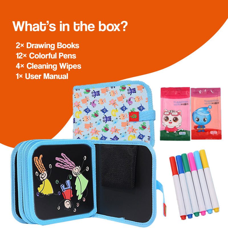 MagicWipe reusable mess-free drawing book with colorful pens and cleaning wipes for kids creativity and learning