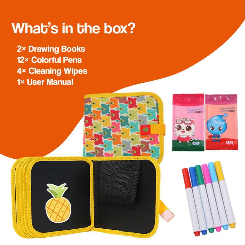 Child using MagicWipe reusable mess-free drawing book with colorful pens and cleaning wipes