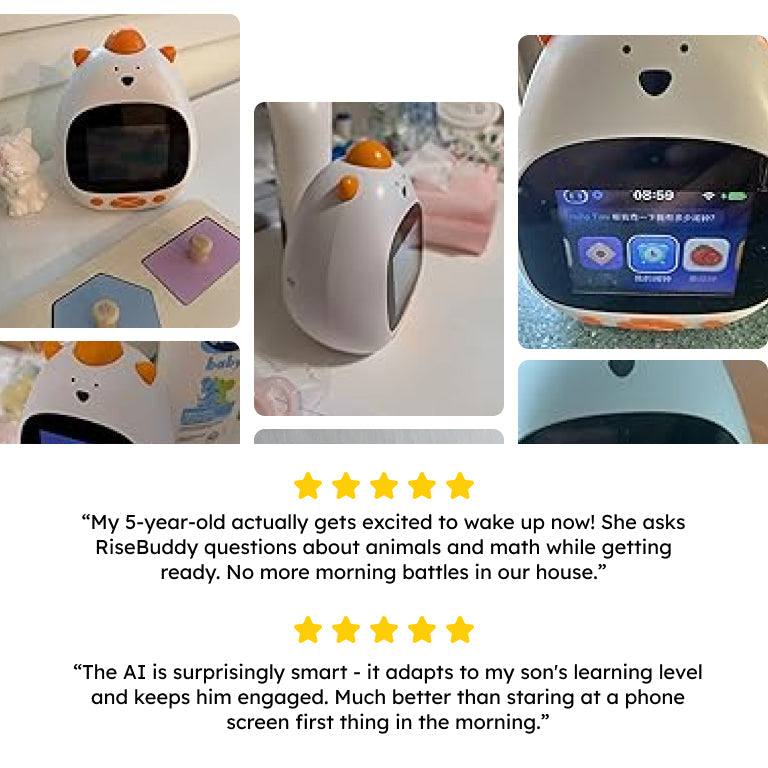 AI Powered RiseBuddy smart learning alarm clock with colorful touchscreen and playful kid-friendly design