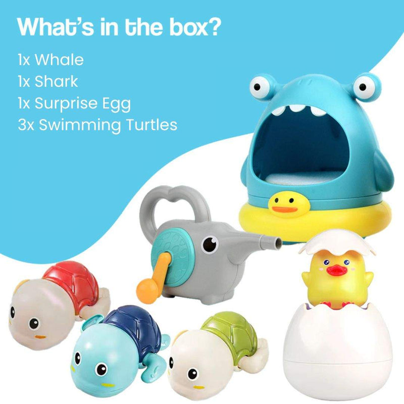 Ocean Adventure 4-in-1 Bath Play Bundle with light-up whale, foaming shark, surprise egg, and swimming turtles for sensory bath play