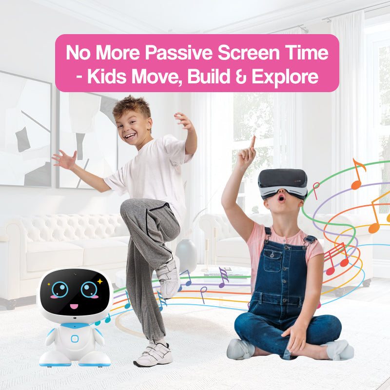 Child playing with AI robot and VR headset for immersive learning and exploration