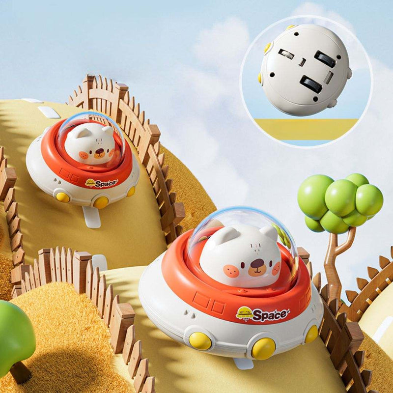 Inertia Flying Saucer toy car for kids in colorful animal designs on white background