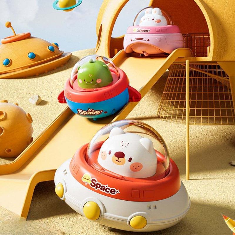 Colorful inertia flying saucer toy cars for kids aged 4-6 with various animal designs.