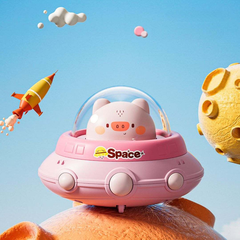 Colorful inertia flying saucer toy cars for kids with animal designs on white background