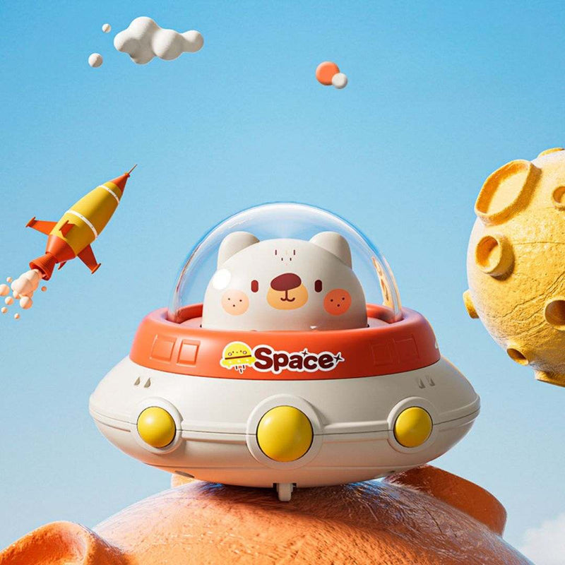 Inertia Flying Saucer toy car with colorful animal designs for kids aged 4-6