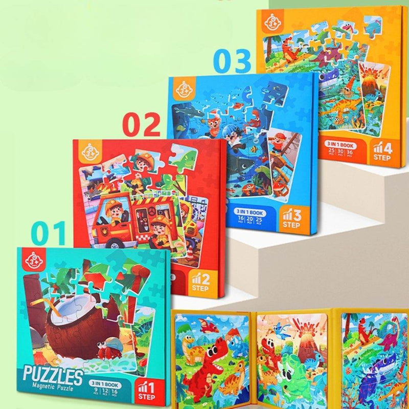 Children playing with an advanced magnetic puzzle book featuring colorful educational themes