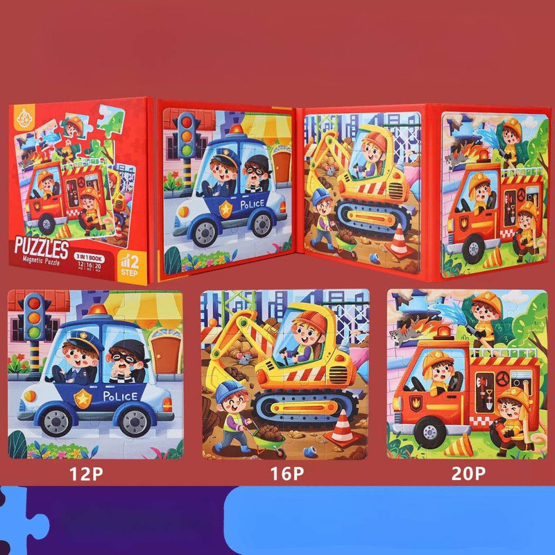 Colorful advanced magnetic puzzle book for kids aged 4-6 featuring interactive themes like fruits and dinosaurs