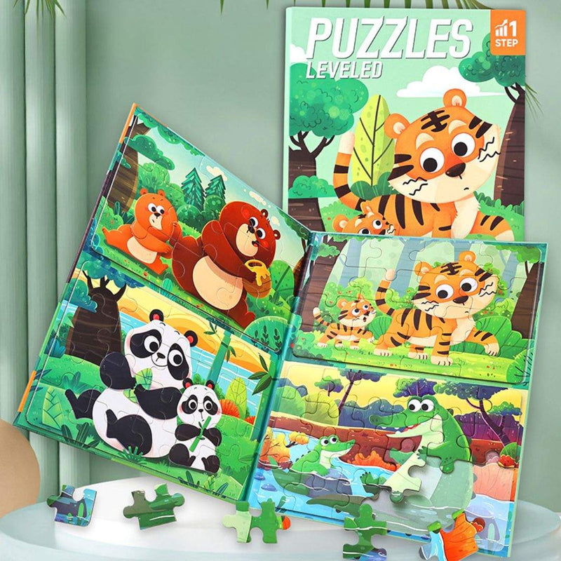 Children playing with an advanced magnetic puzzle book featuring colorful educational themes